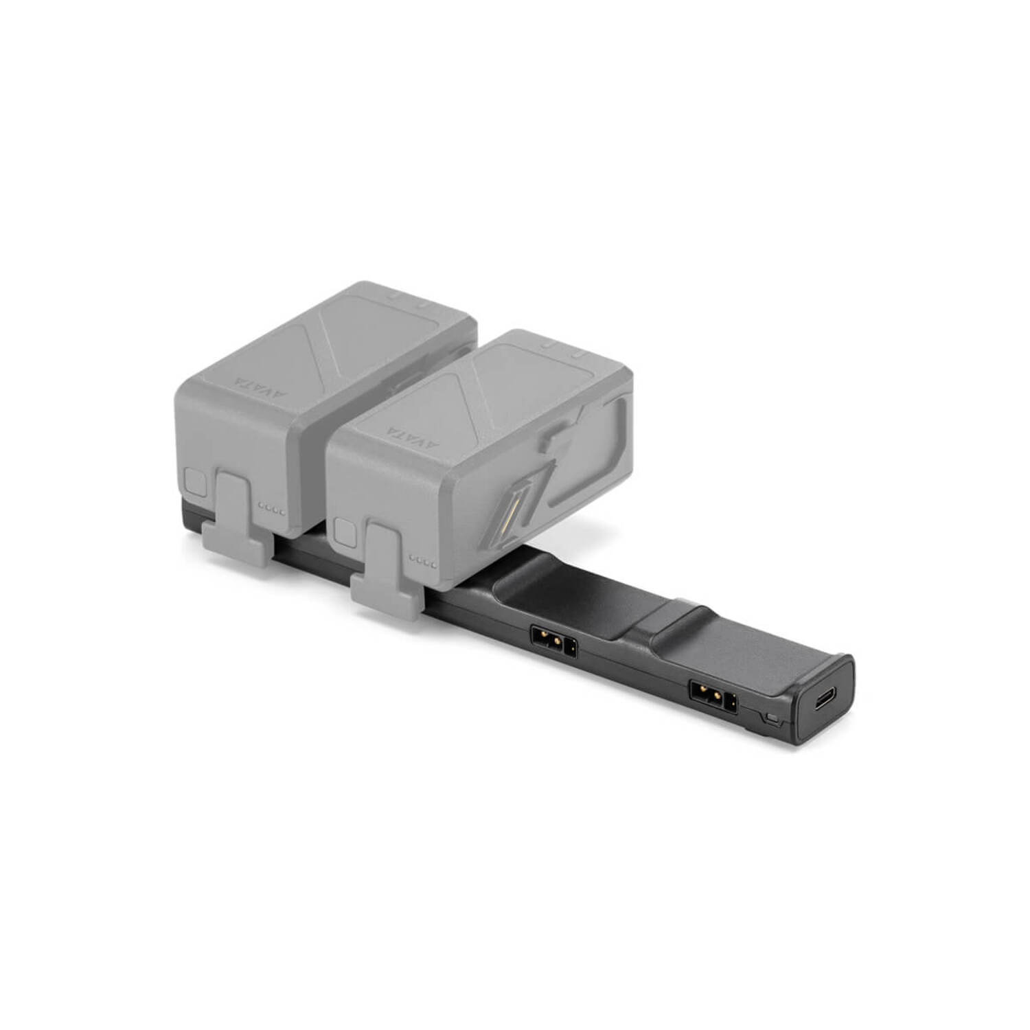 A black charging dock with two gray drone batteries, isolated on a white background.