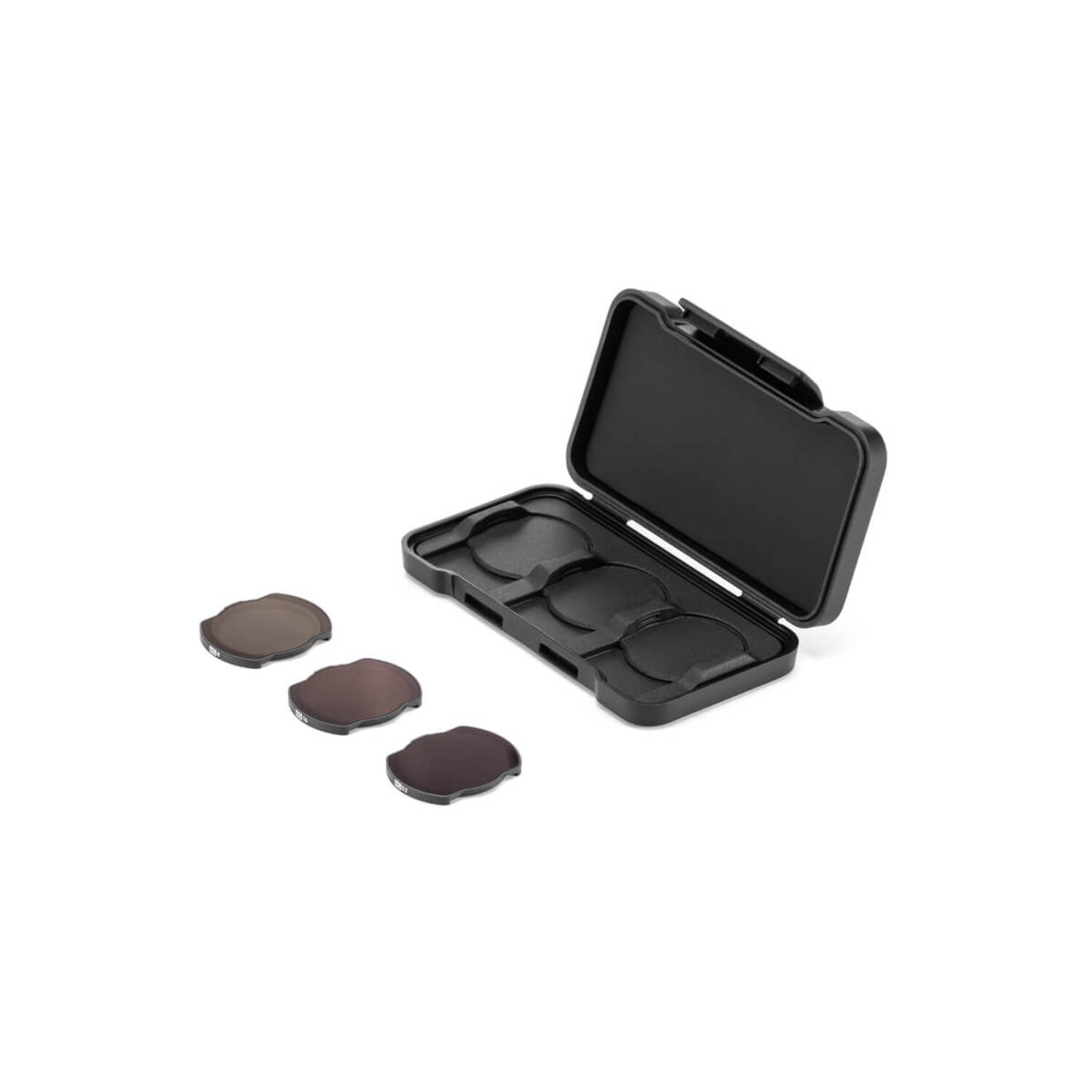 Black case with three circular filters.