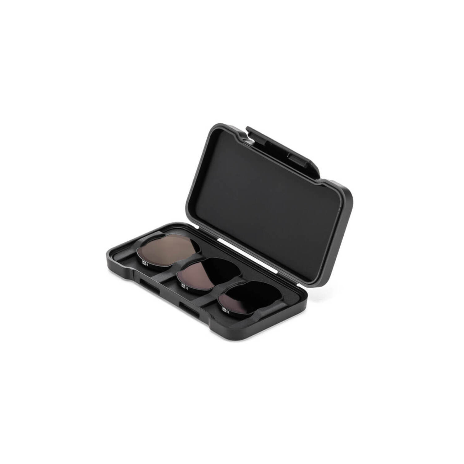 Black case with three circular camera filters inside. Filters are dark and reflective.