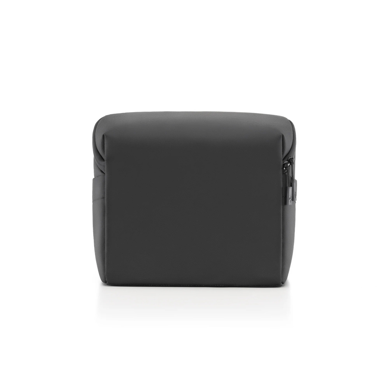 A black rectangular bag with a zipper, on a white surface. The bag is viewed from the top.