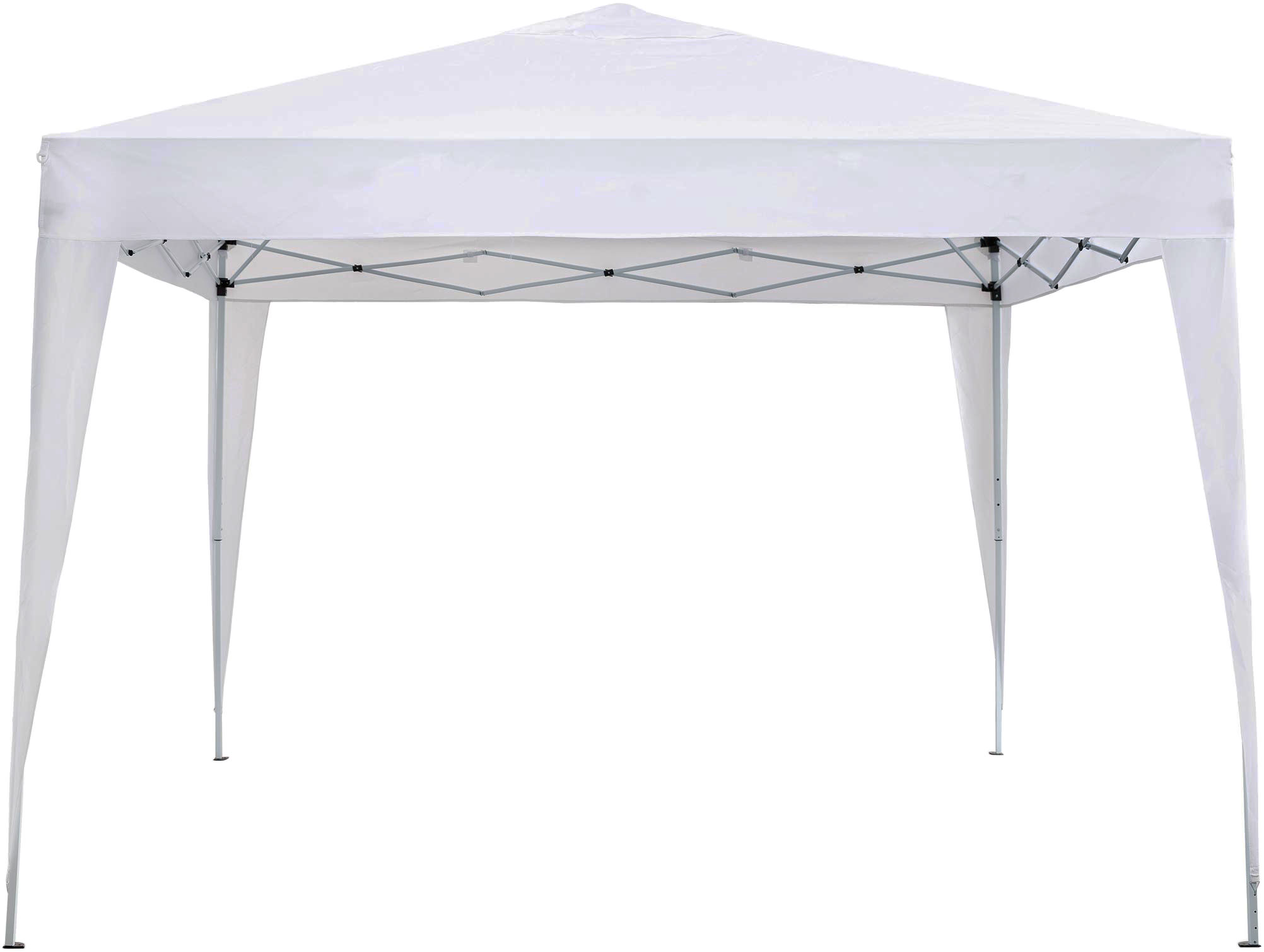 Fehér pop-up sátor fekete háttérrel, látható kerettel.