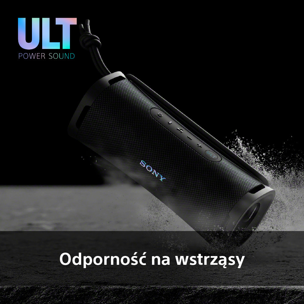 Czarny głośnik z napisem "SONY", z rozpryskami wody.