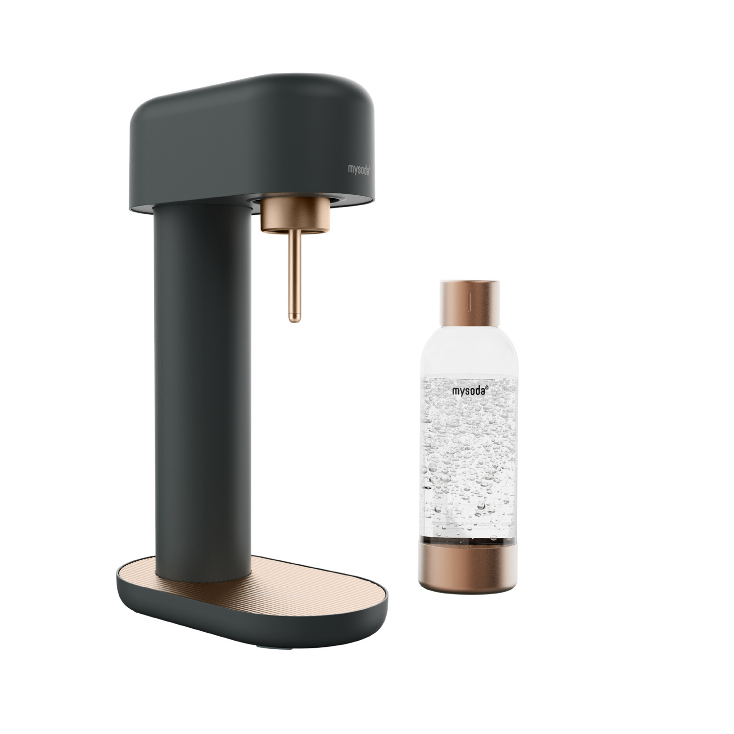 Une machine à soda et une bouteille avec des bulles d'eau, isolées sur fond blanc, accents métalliques.