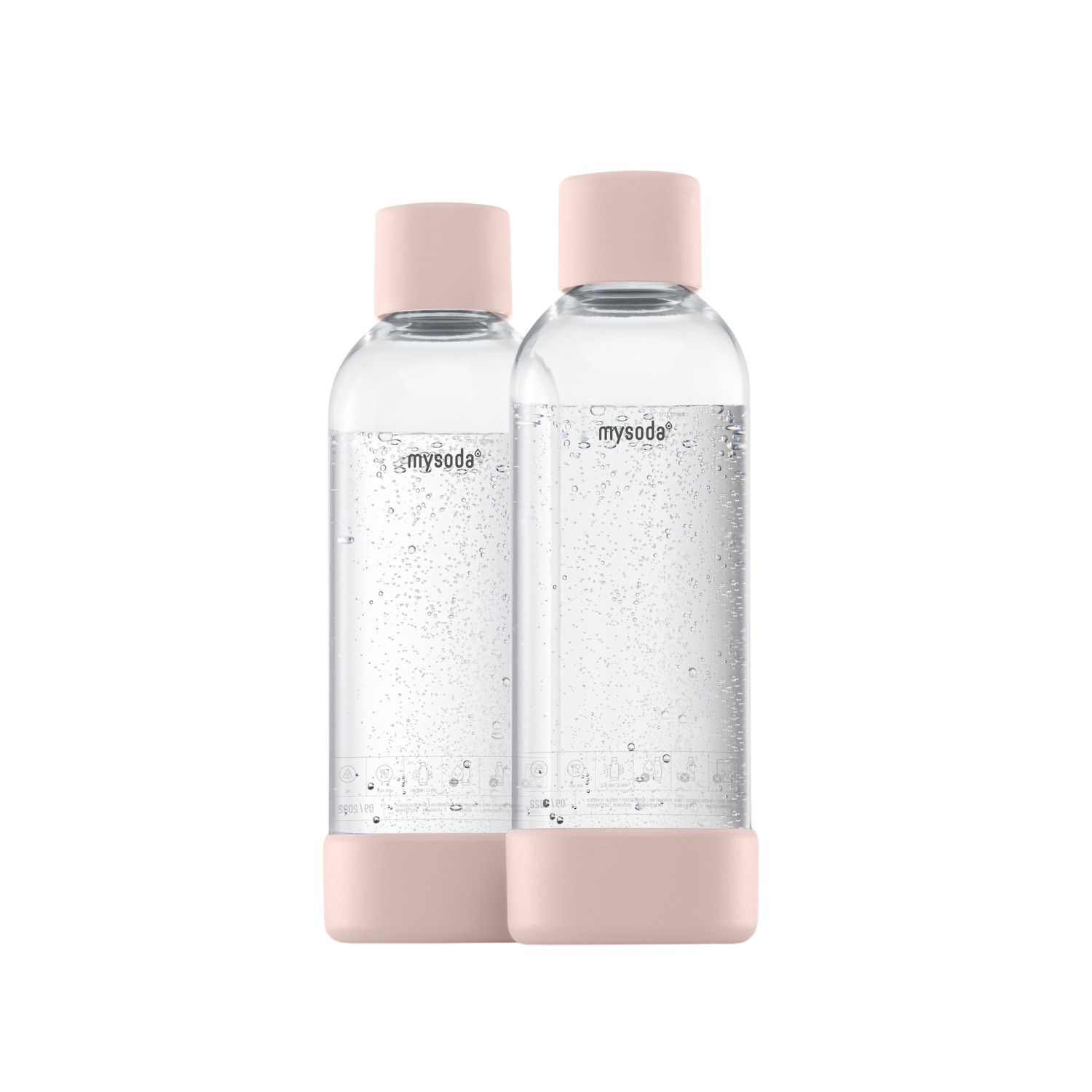 Twee transparante flessen met roze deksels, gevuld met vloeistof. De flessen hebben het 'mysoda' logo.