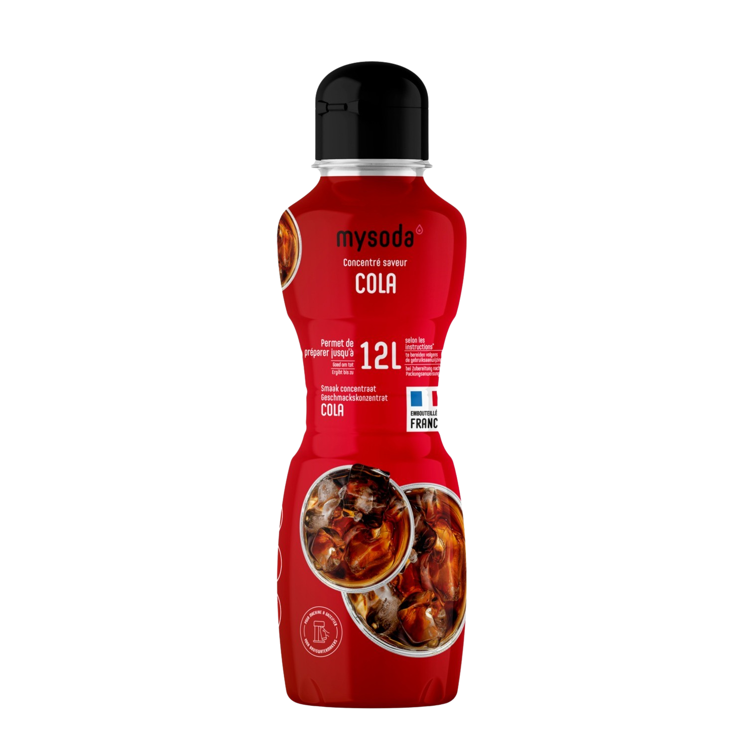 Une bouteille de cola mysoda rouge avec un bouchon noir, image de cola et texte sur fond noir.