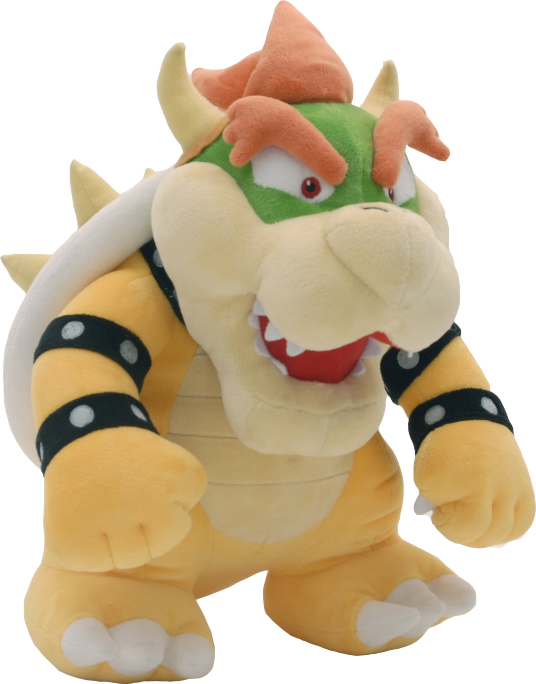 Peluche Bowser avec corps jaune, carapace verte et bracelets à pointes.