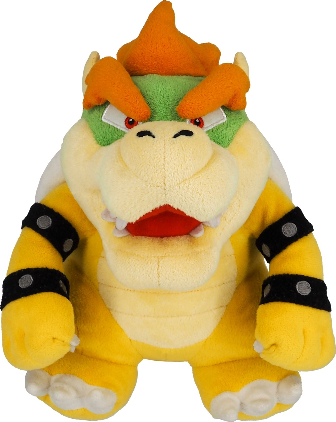 Peluche Bowser, jaune, vert, orange et blanc. Bracelets cloutés noirs.