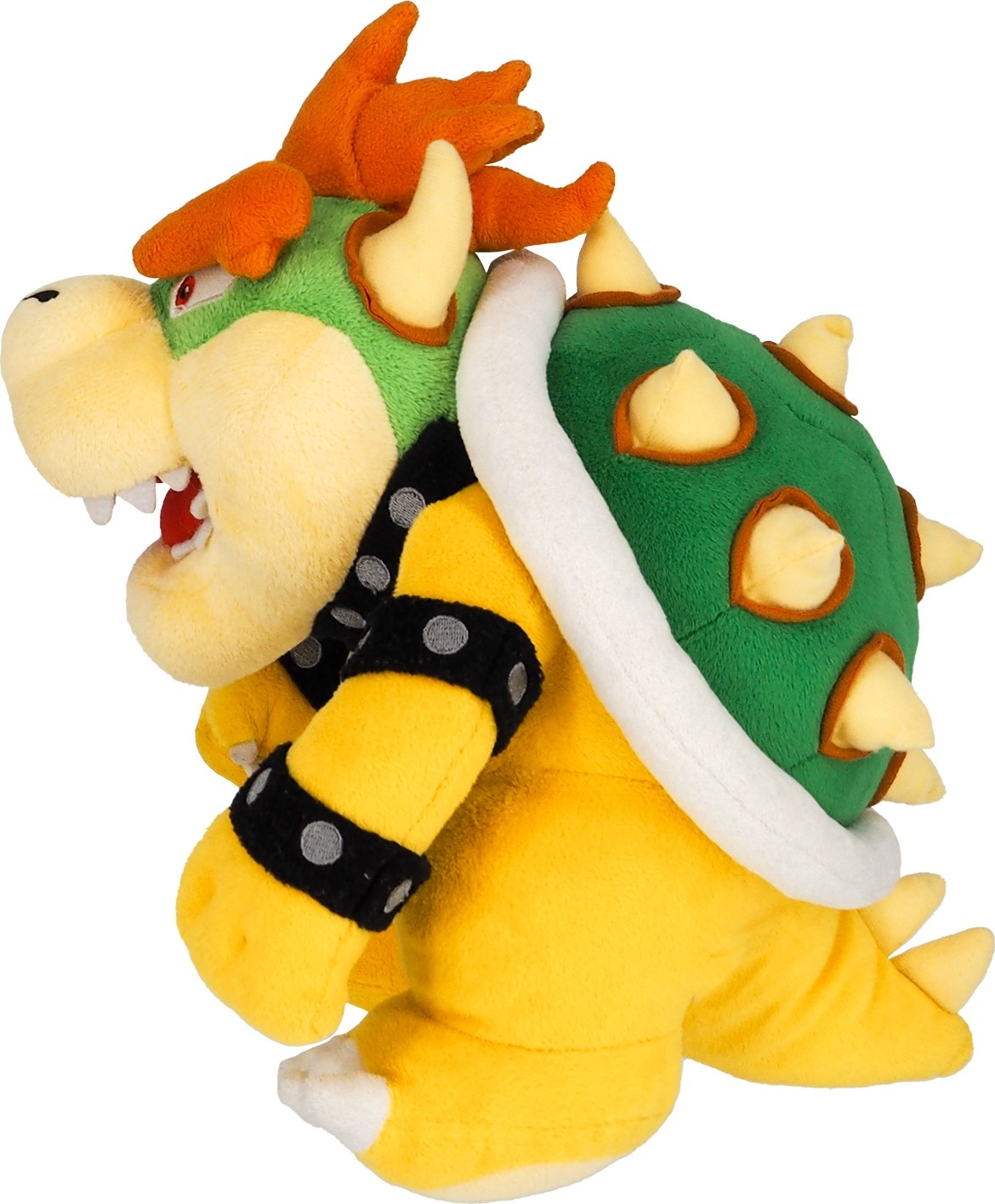 Peluche Bowser, carapace verte, corps jaune, cheveux rouges et bouche ouverte.