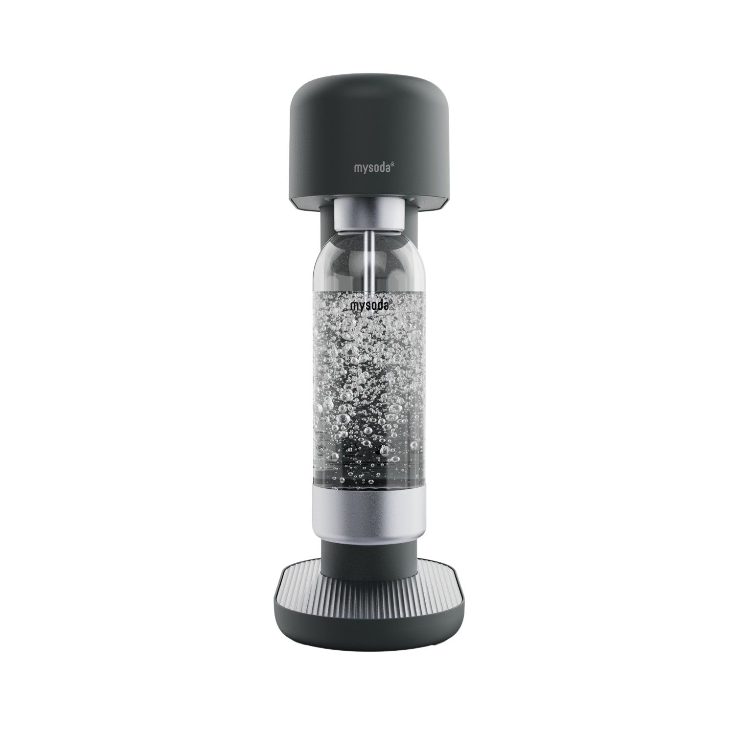 Une machine à soda gris foncé avec un récipient en verre et des accents argentés. Fond noir.
