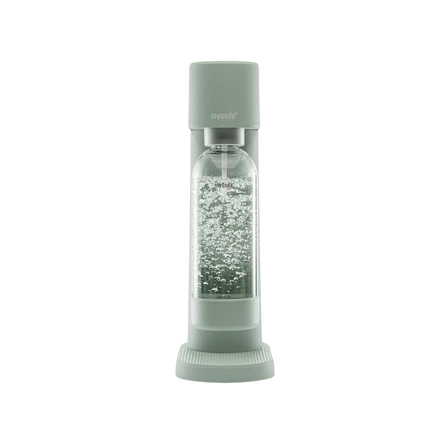 Une machine à soda mysoda grise avec une bouteille transparente, sur fond blanc.