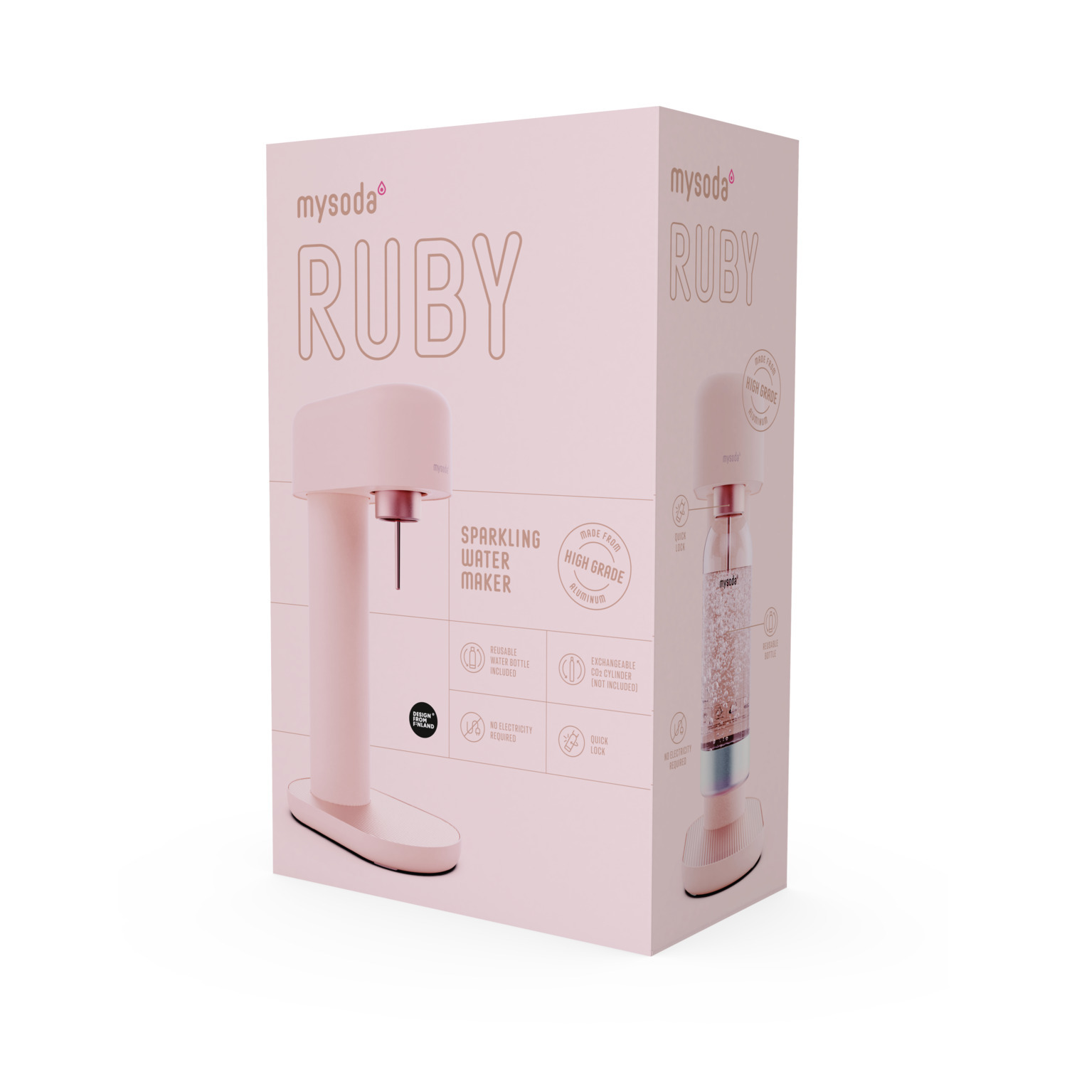 Boîte rose avec un appareil à eau pétillante rose. Il porte le nom 'mysoda RUBY'.