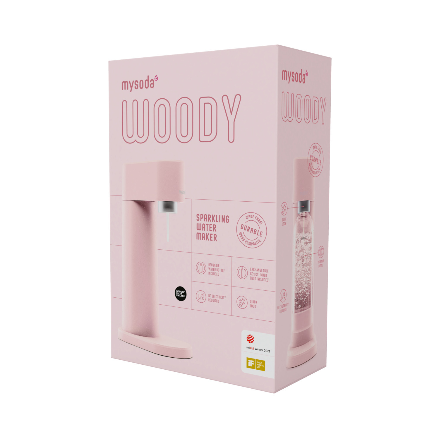 Machine à eau gazeuse mysoda woody rose, avec boîte, sur fond blanc, détails du produit.
