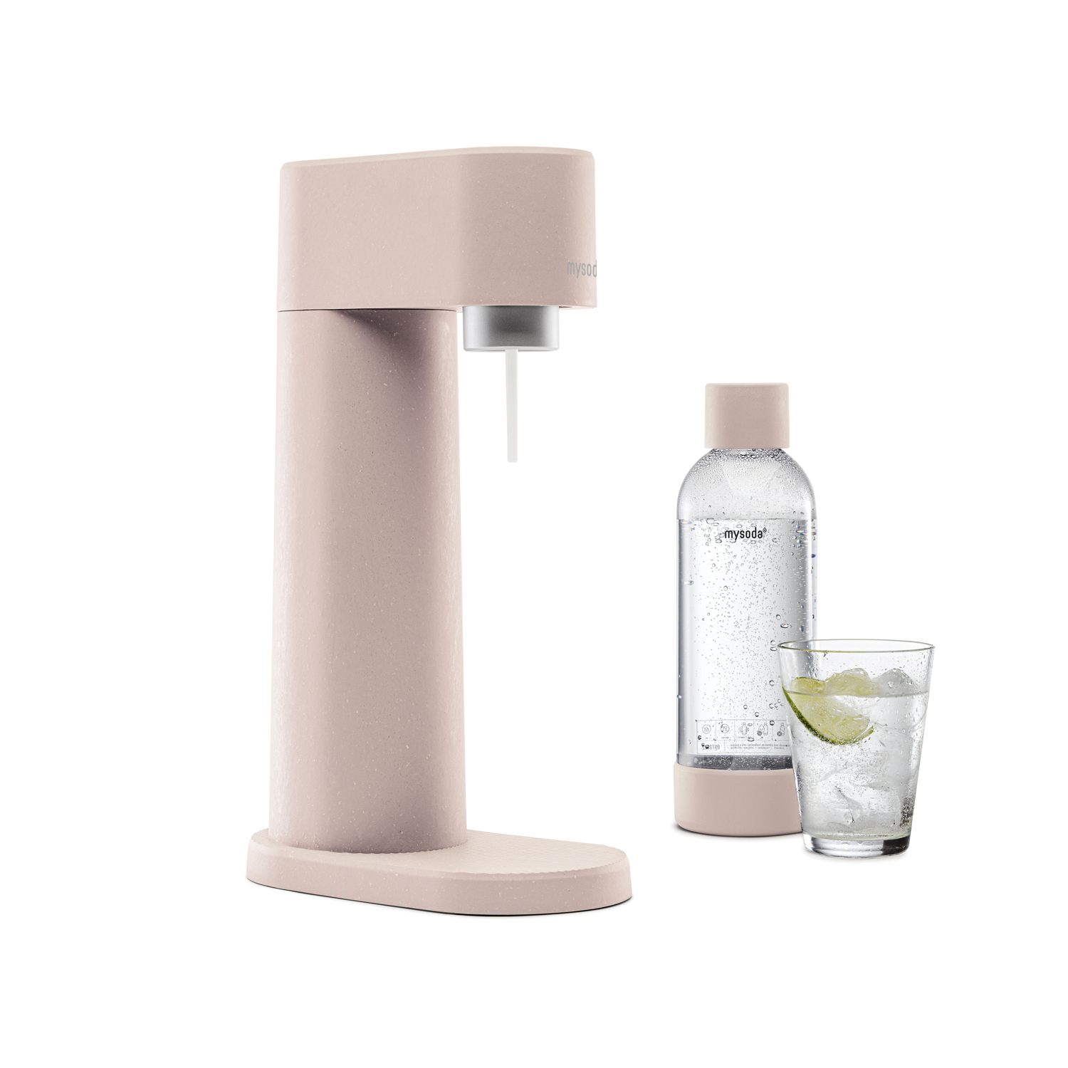Machine à soda rose avec une bouteille, un verre avec de la glace et une tranche de citron vert.