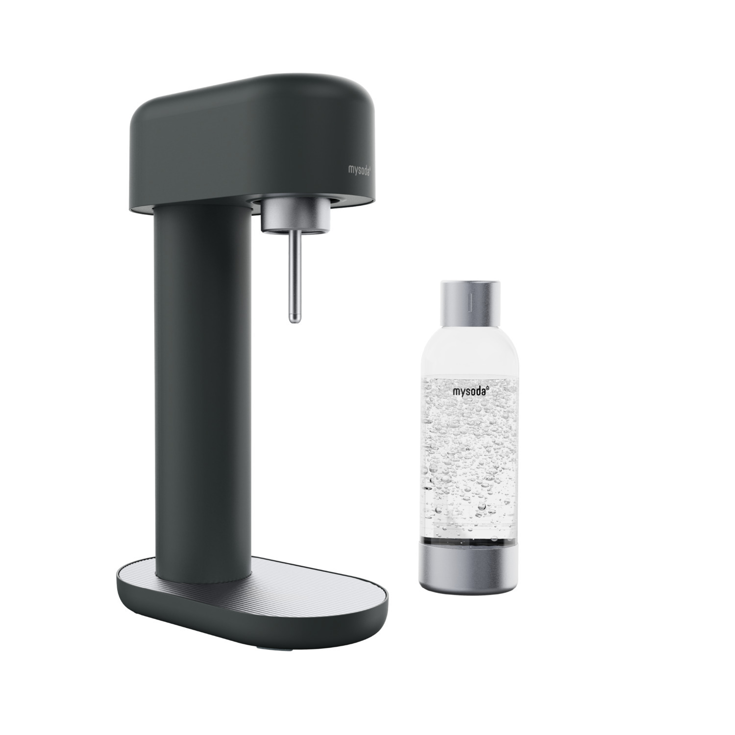Machine à soda gris foncé avec une bouteille. La bouteille a des bulles.
