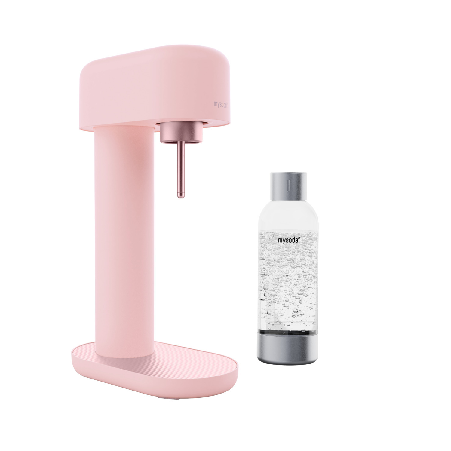 Machine à soda rose avec une bouteille d'eau gazeuse à côté.