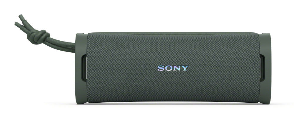 Zielony głośnik Sony z szarym paskiem na białym tle. Logo Sony z przodu.