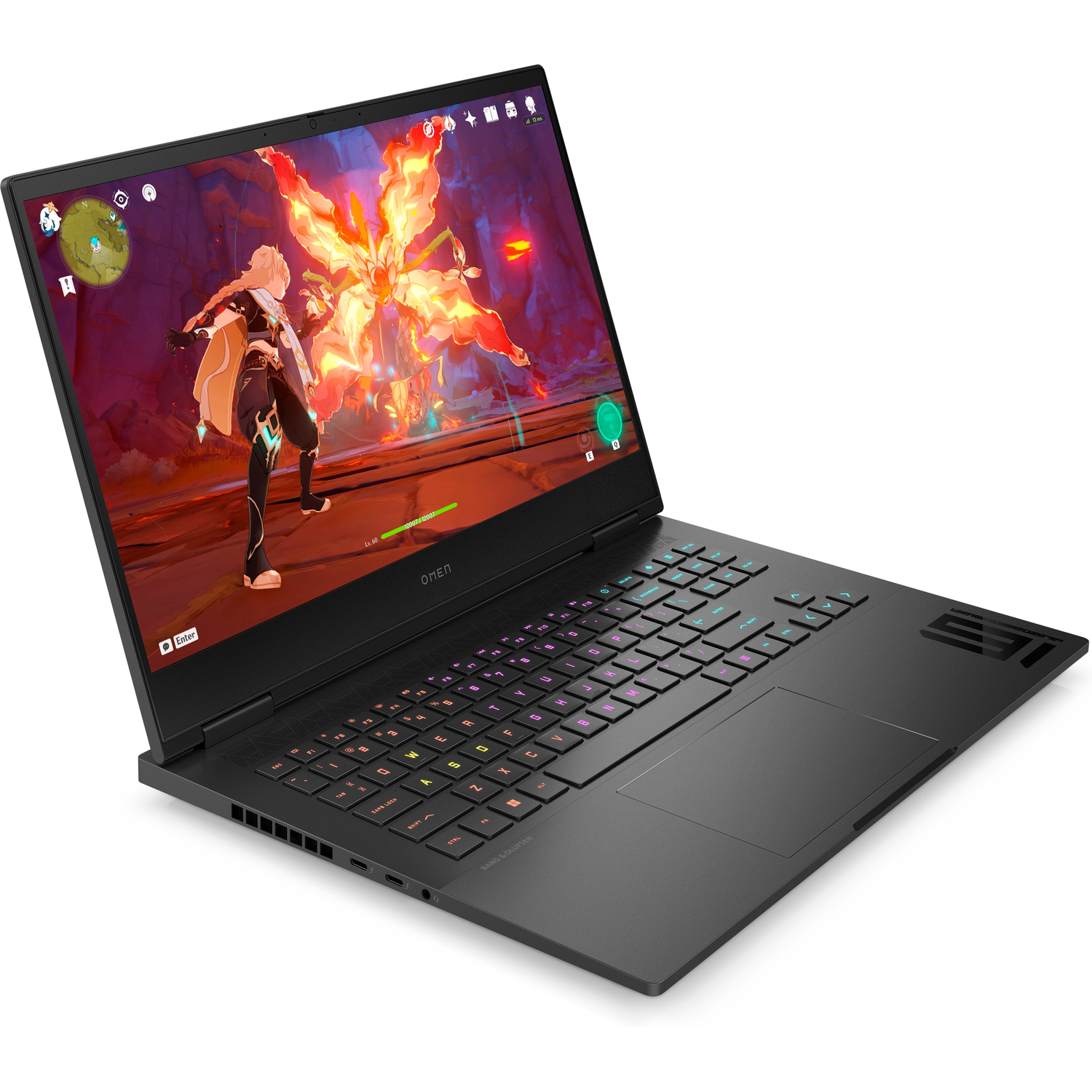 Black Omen laptop with game screen visible, colorful keyboard, white background.