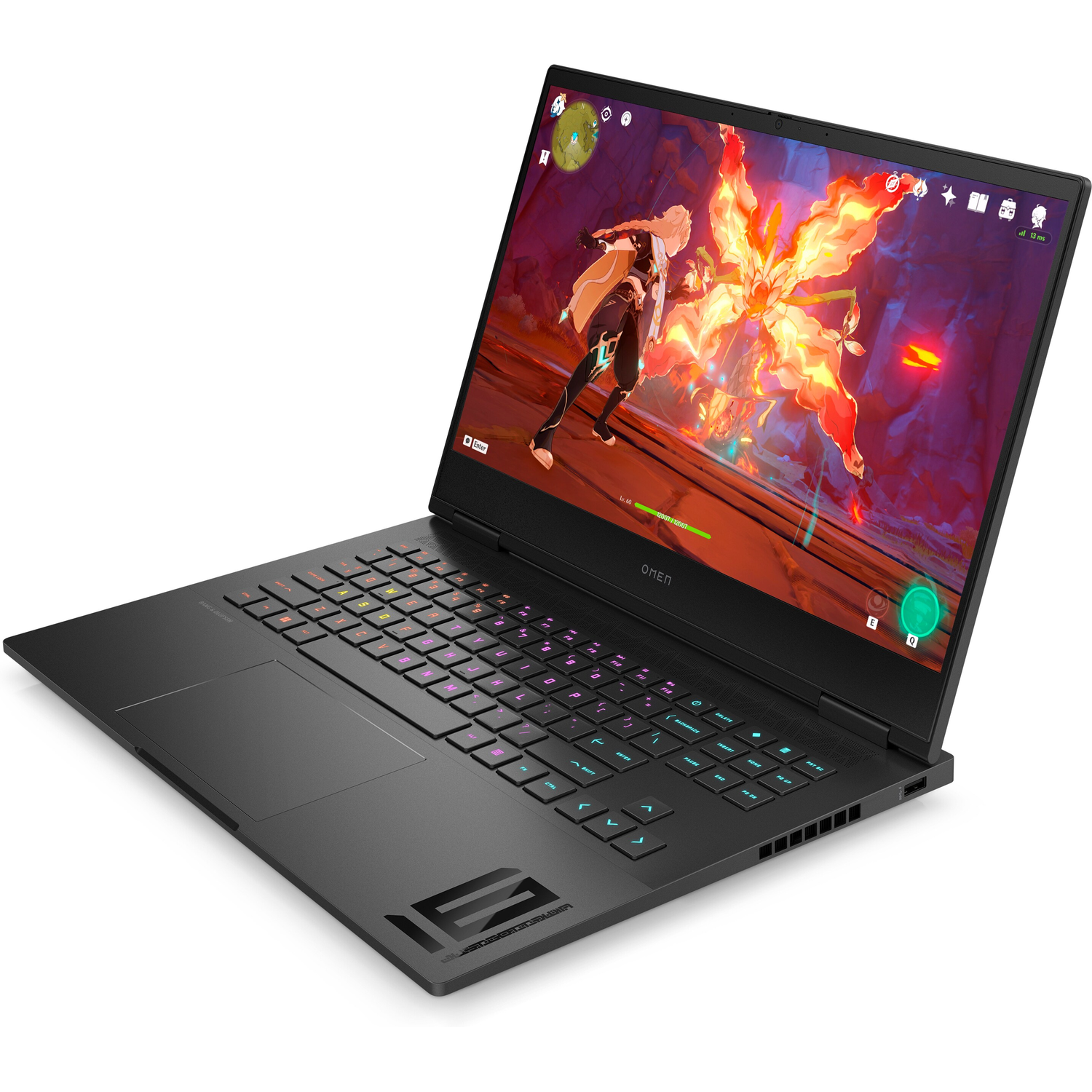 Black laptop open, displaying a game scene with a character. The keyboard is visible.