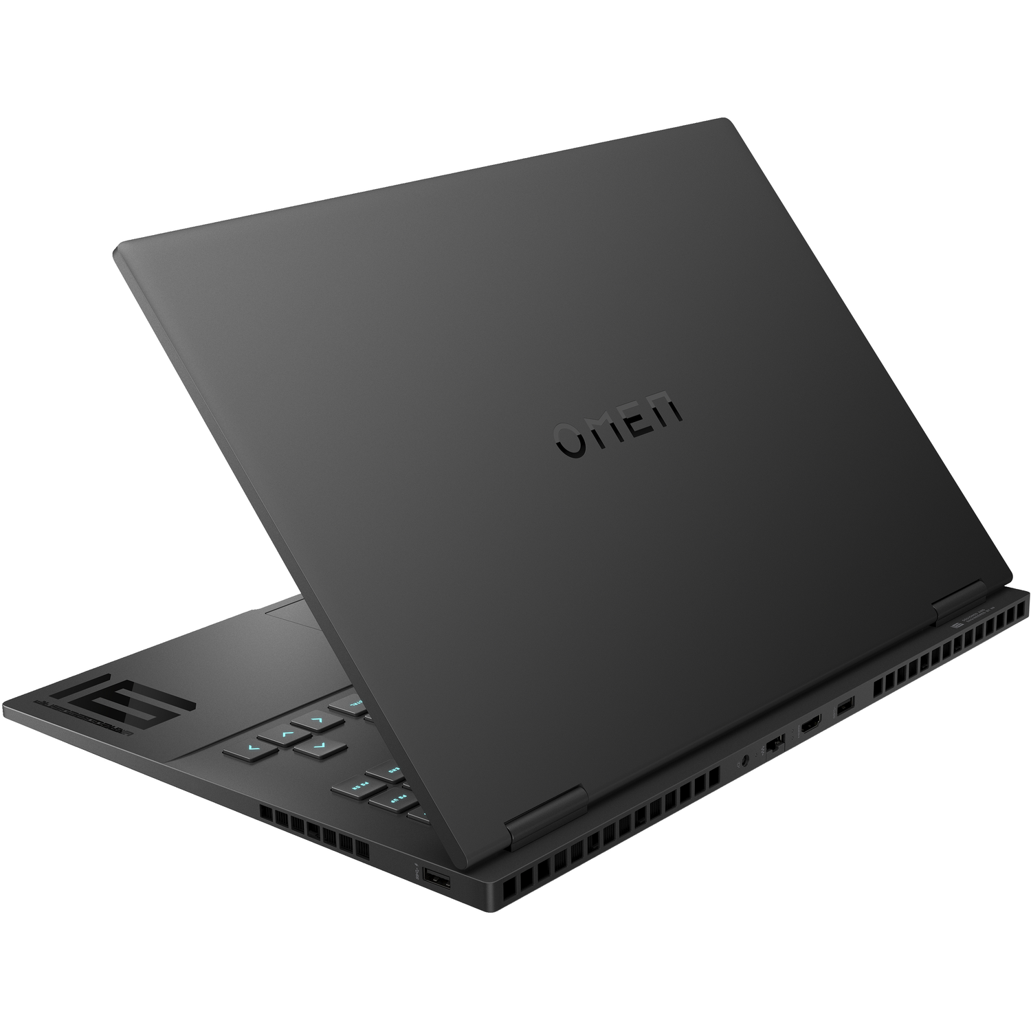 A black laptop with the word 'OMEN' on the top, slightly open.