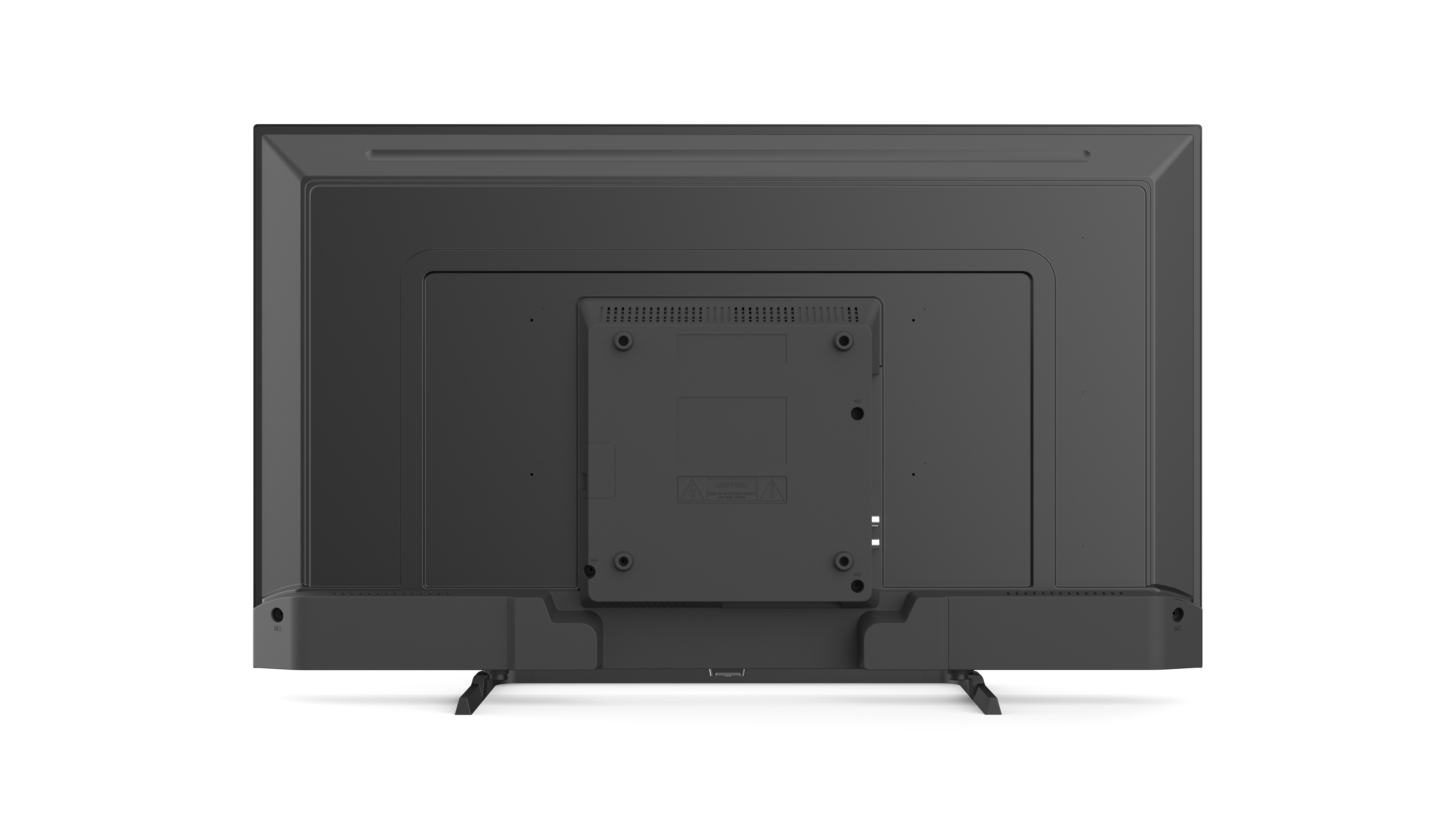 Rückansicht eines schwarzen Fernsehers mit Anschlüssen, Halterung und zwei kleinen Füßen auf weißem Grund.