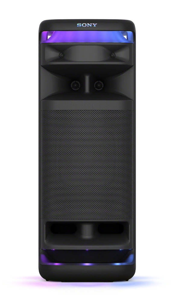 Czarny głośnik z logo Sony i kolorowymi światłami.