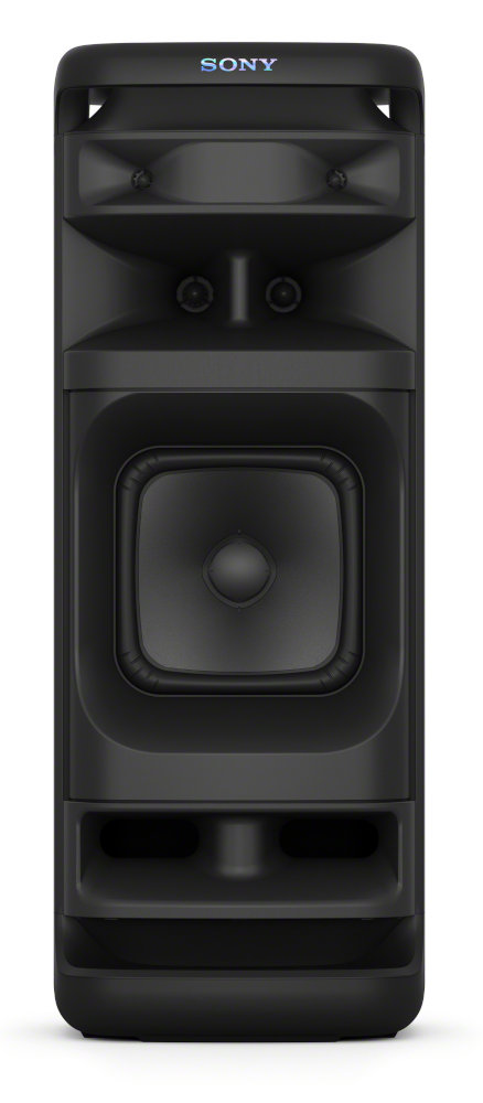 Czarny głośnik Sony z dużym głośnikiem centralnym i logo Sony na górze.