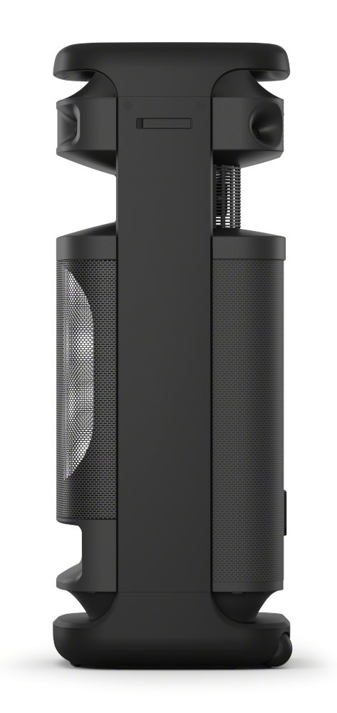 Czarny głośnik z wieloma panelami, sekcją z siatki i metalową kratką.