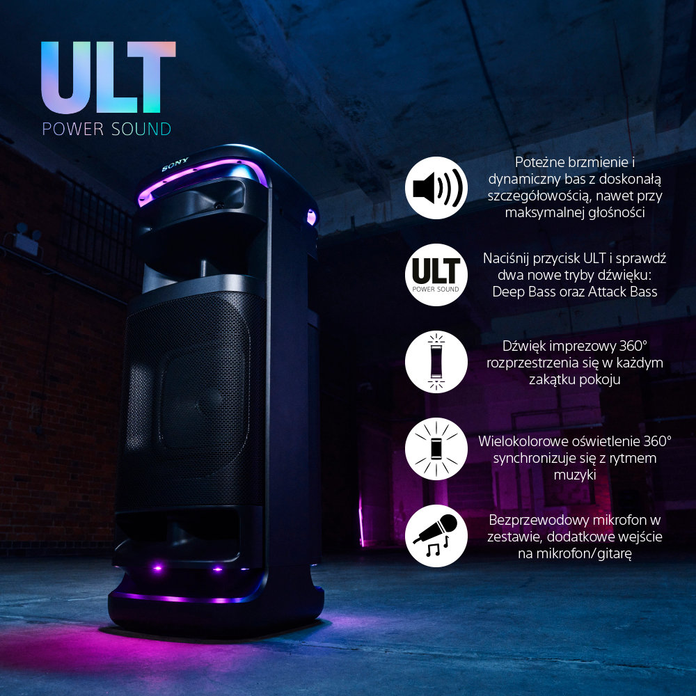 Duży czarny głośnik Sony z fioletowymi i różowymi światłami, z tekstem i ikonami.