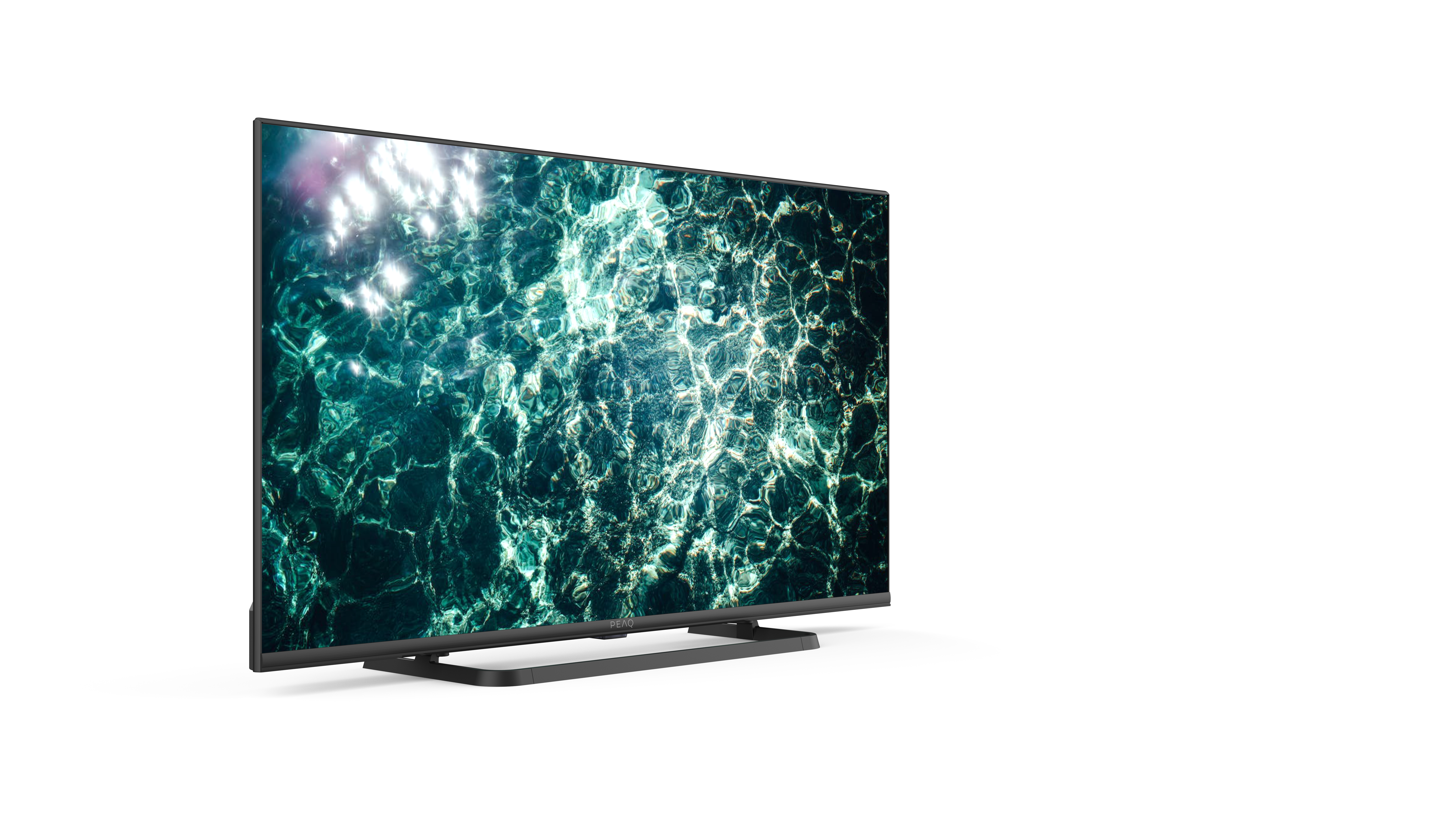 TV-Bildschirm mit Wasserspiegelungen, vor weißem Hintergrund.