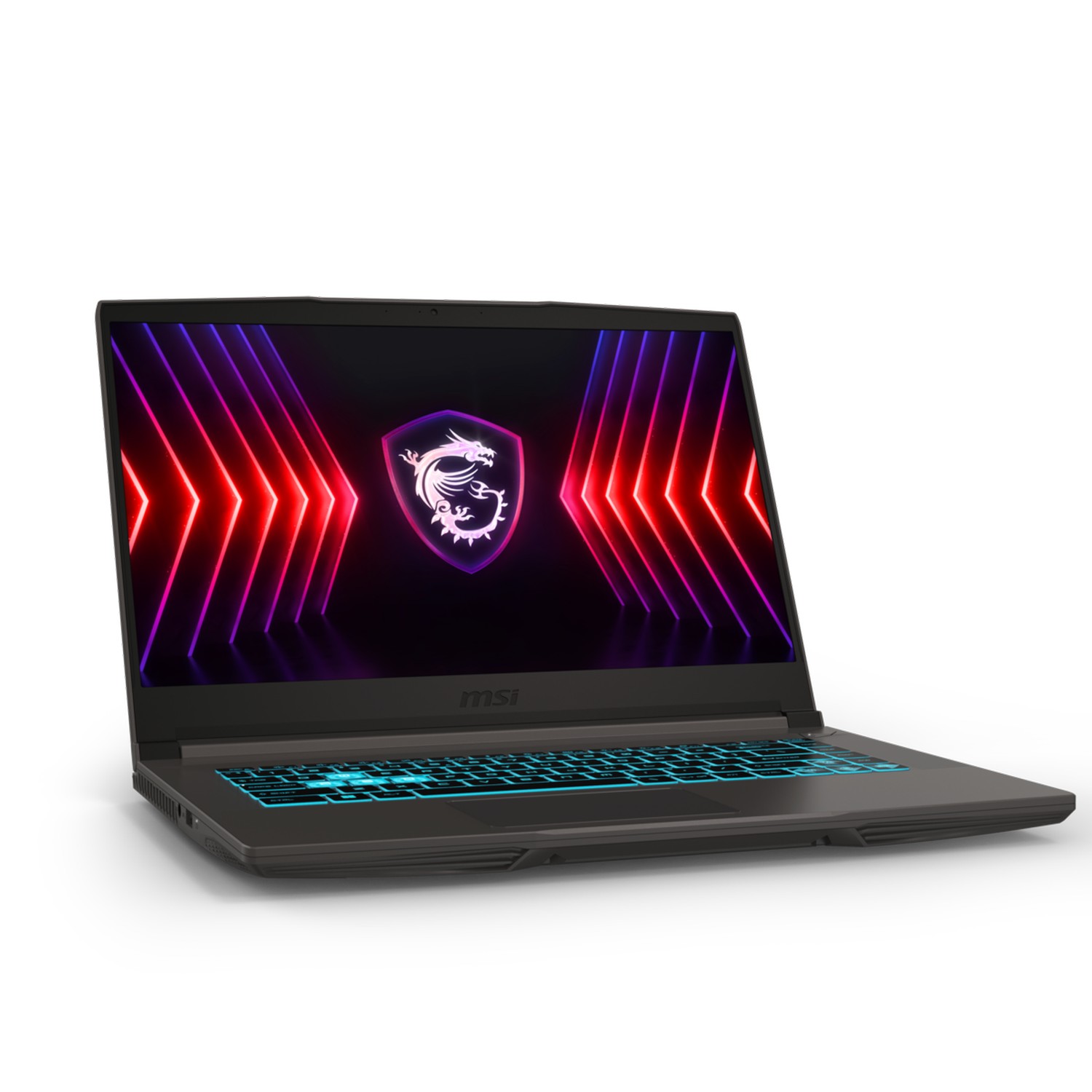 MSI gaming laptop. Zwart frame, verlicht toetsenbord, scherm met logo en rode/paarse lijnen. Zwarte achtergrond.