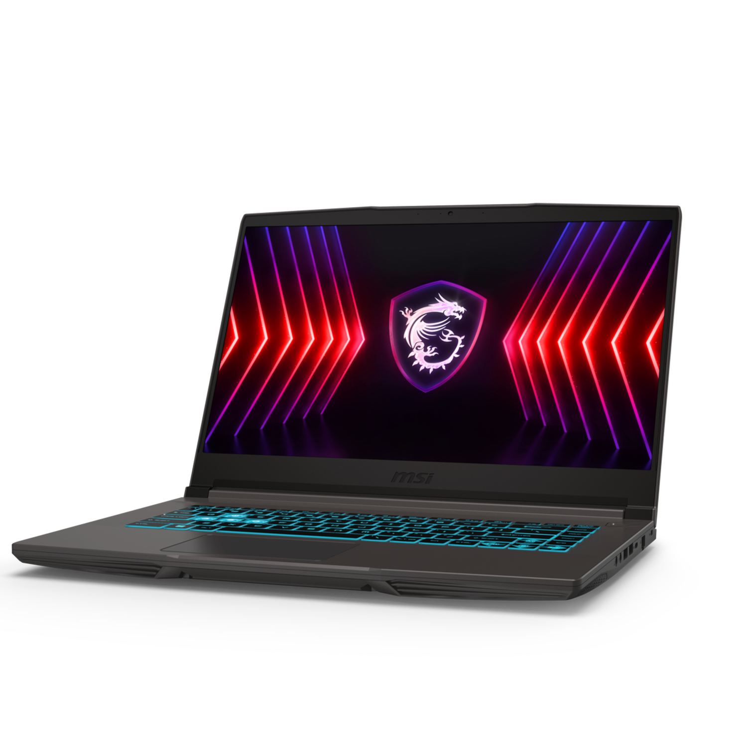 Een donkere laptop met verlicht toetsenbord en scherm met een drakenlogo en neon graphics. Zwarte achtergrond.