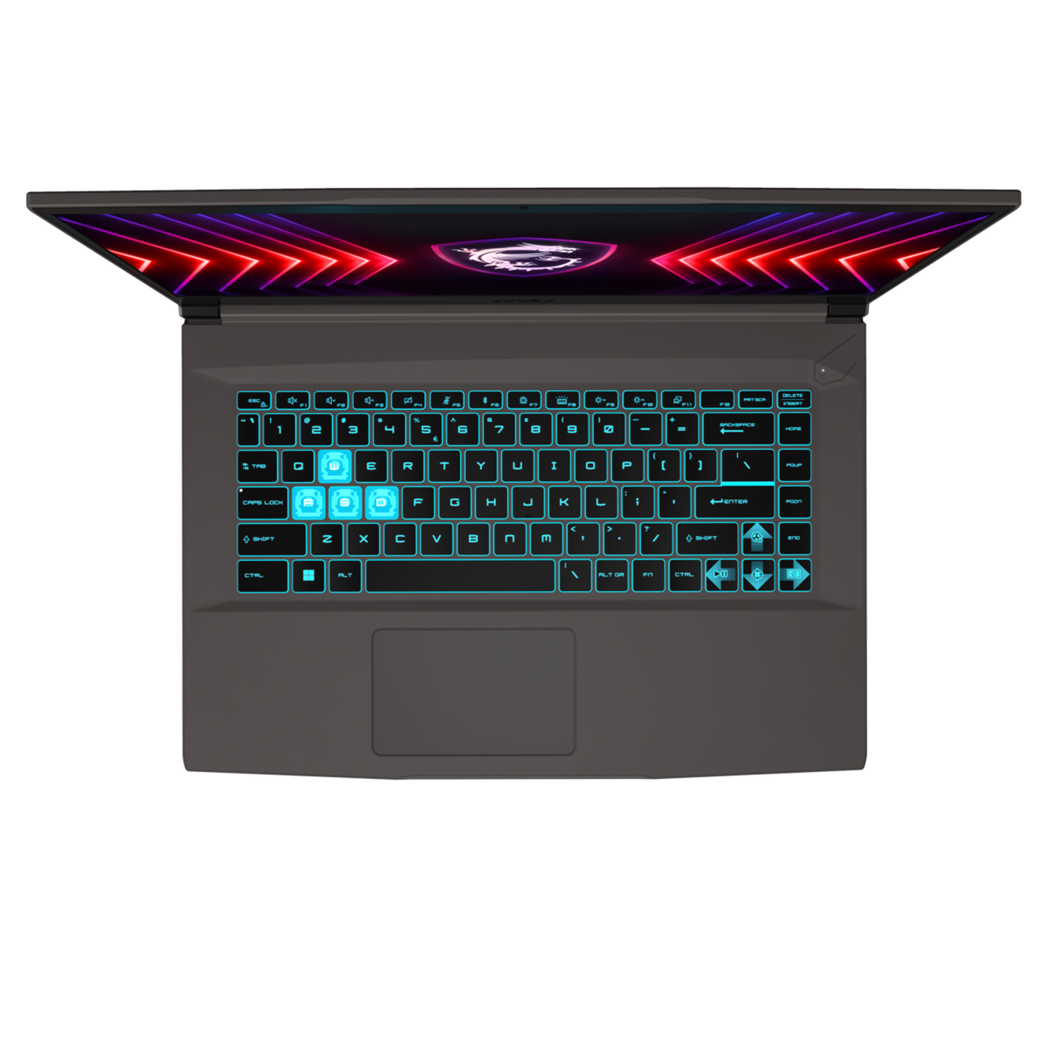Bovenaanzicht van een laptop met een open deksel, met het toetsenbord blauw verlicht.