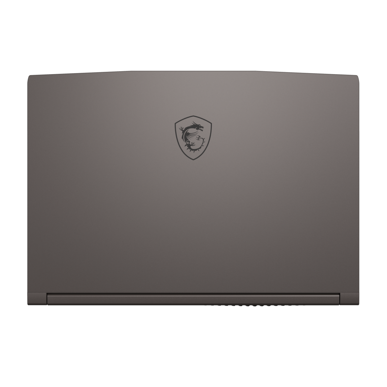 Een gesloten, grijze laptop met een drakenlogo in het midden. De achtergrond is effen zwart.