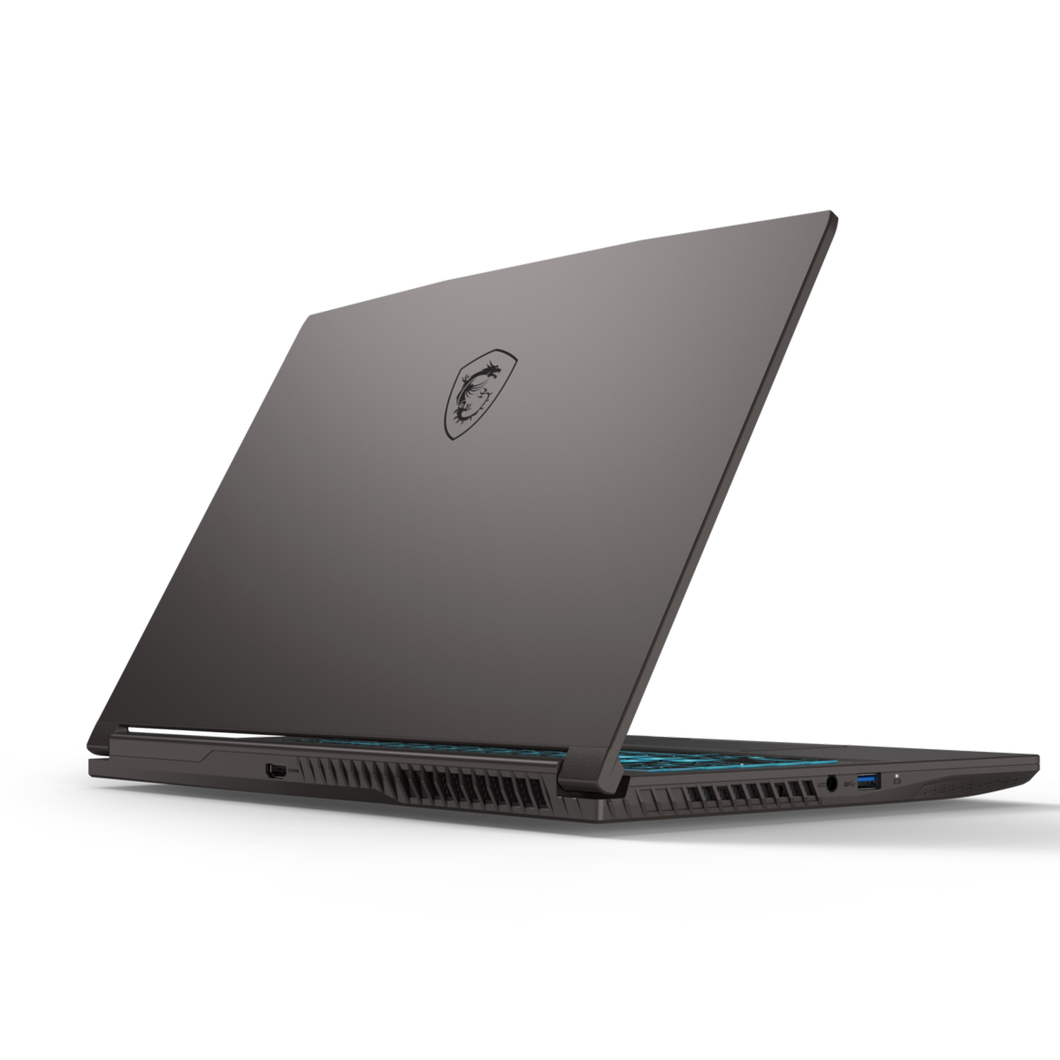Een grijze laptop is open, met een toetsenbord met teal-kleurige lichten. Het MSI-logo staat op de deksel. Zwarte achtergrond.