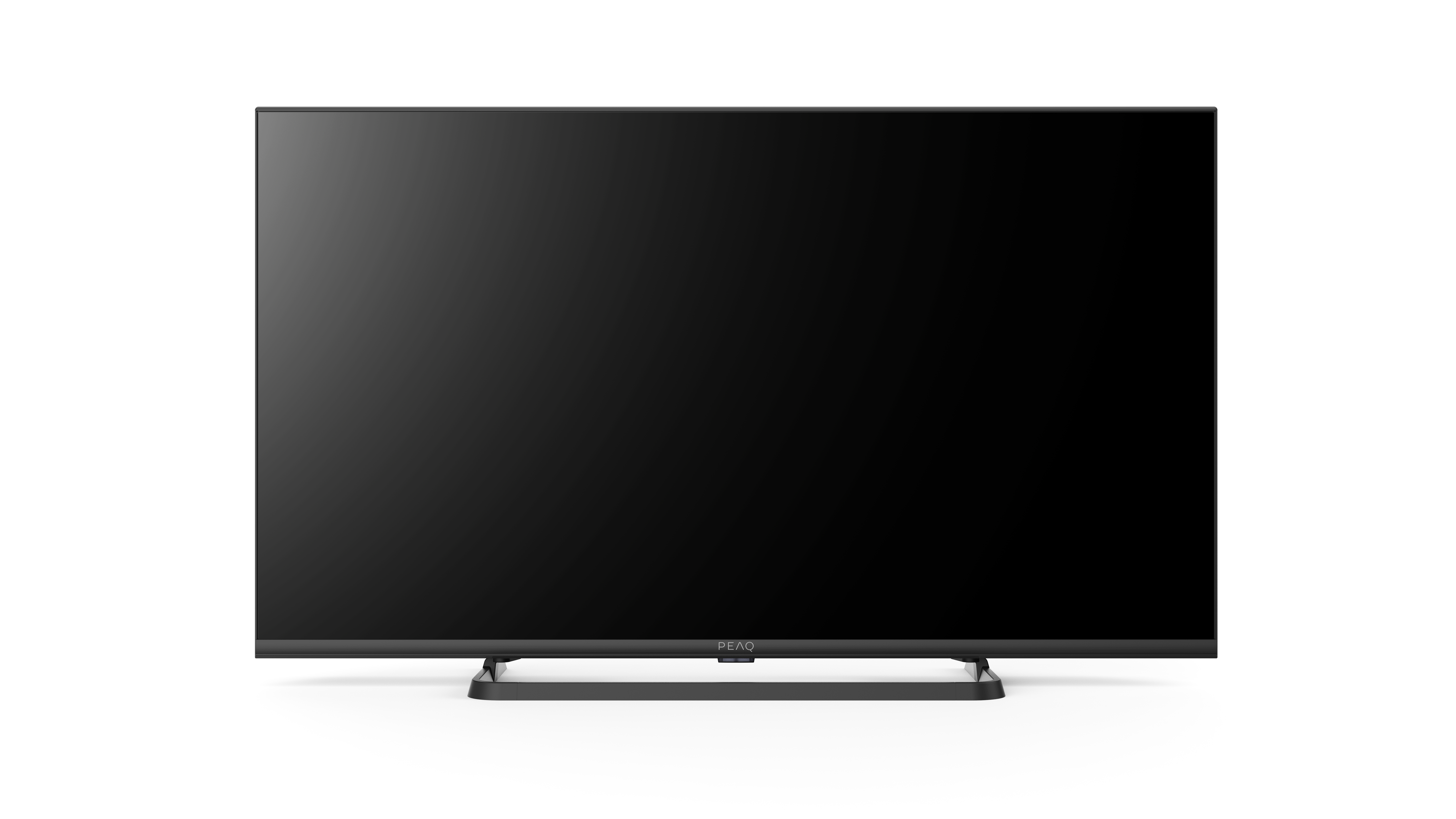 Ein schwarzer Flachbildfernseher mit dünnem Rahmen und schwarzem Ständer. Der Bildschirm ist leer.