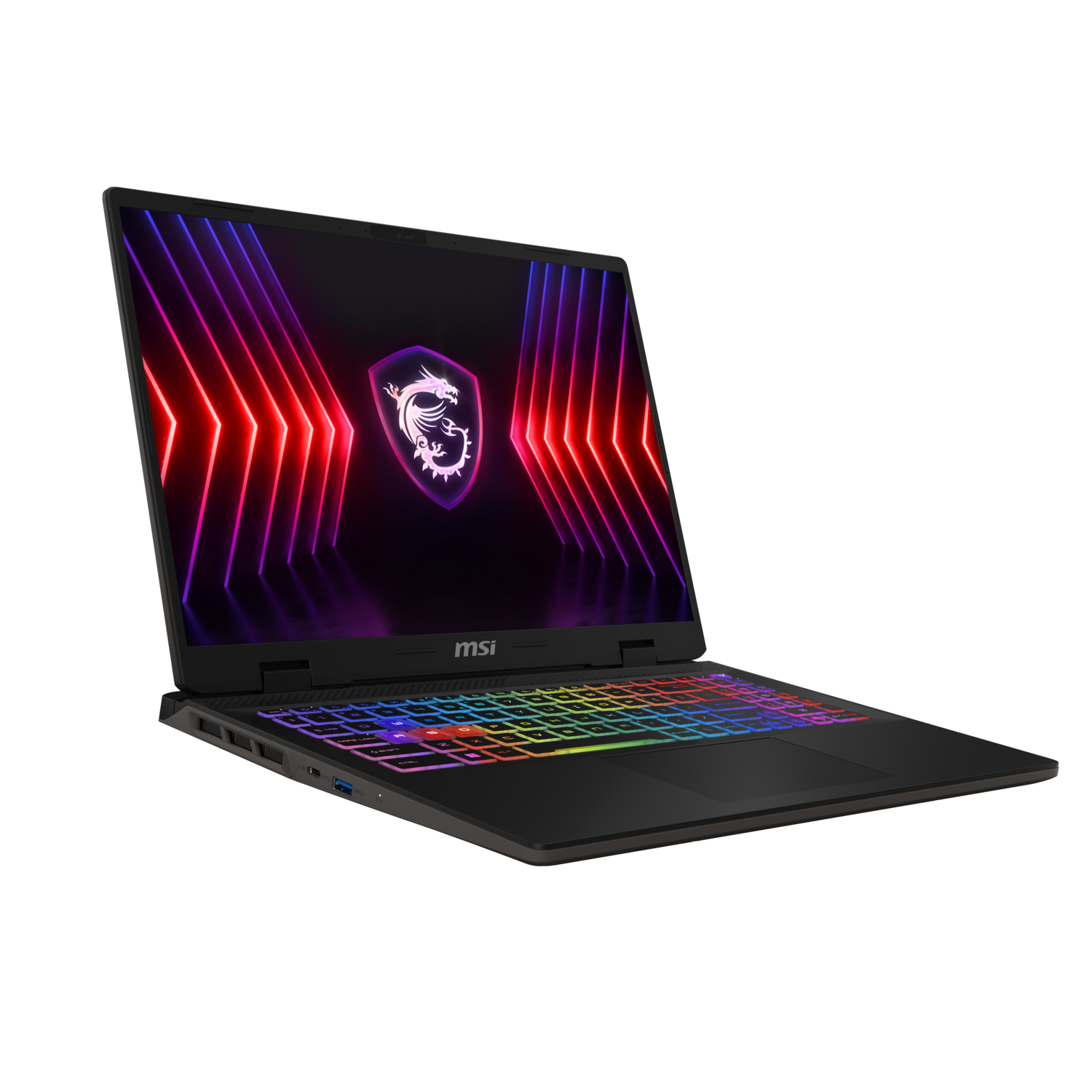 A laptop with a lit, colorful keyboard and screen, displaying a logo on a black background.