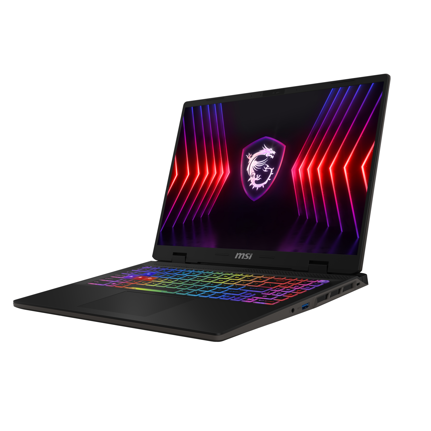 Black laptop with a rainbow keyboard and a gaming logo on the screen.