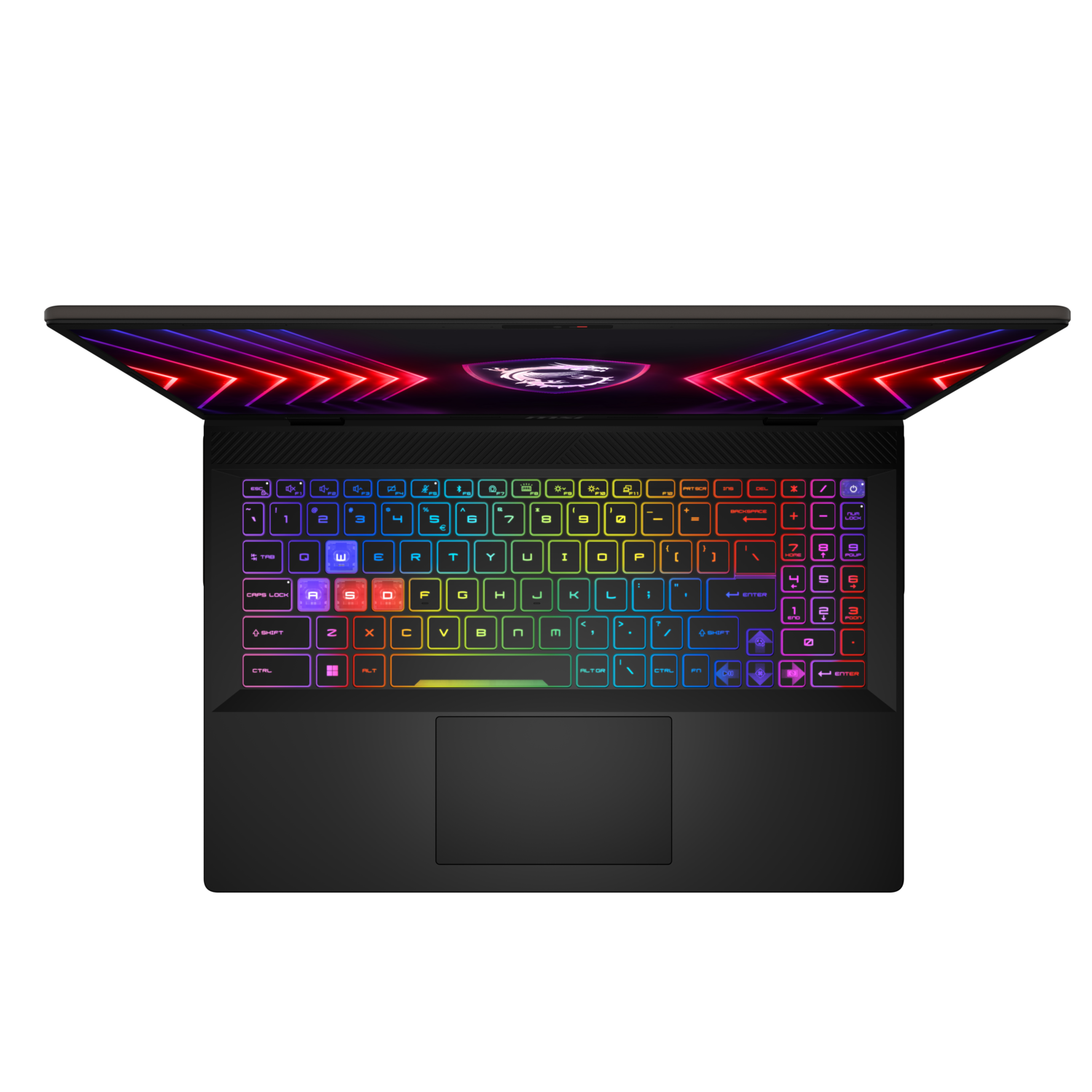 A laptop keyboard with colorful lights. The keyboard is black.