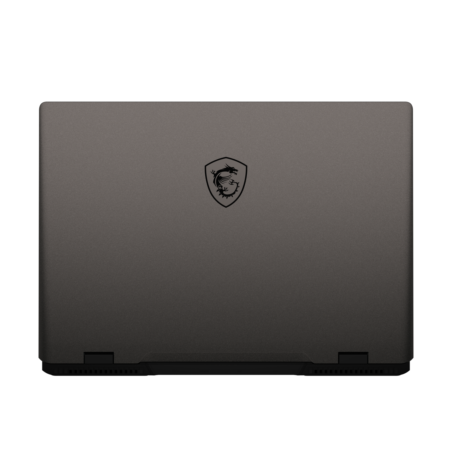 Laptop back with dragon logo, dark gray color.