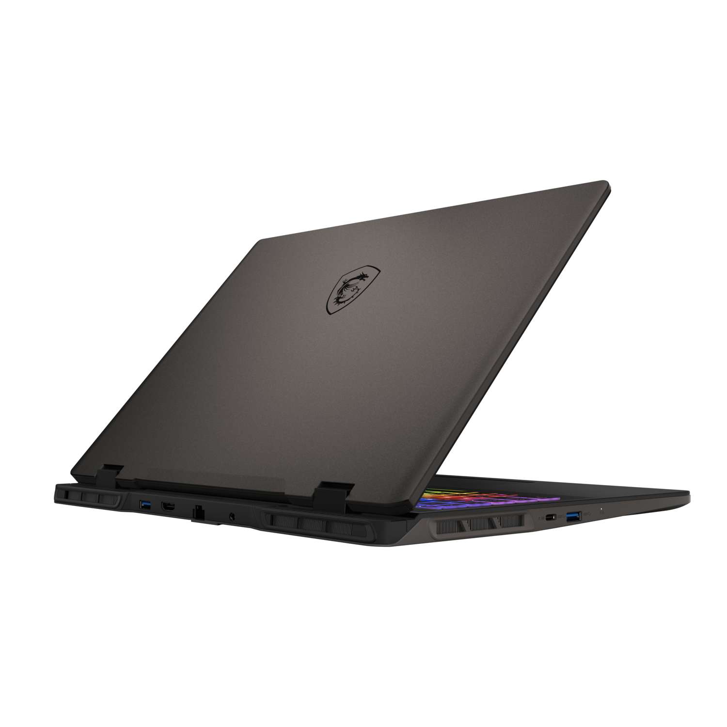 A dark gray laptop, open, with a logo on the back, on a black background.