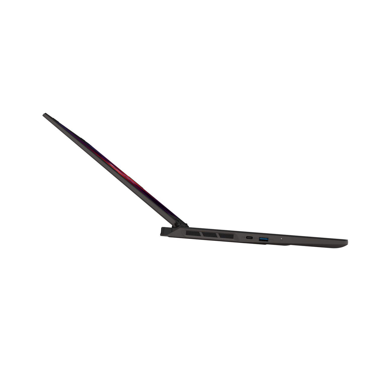 A laptop viewed from the side, showing the screen and ports.