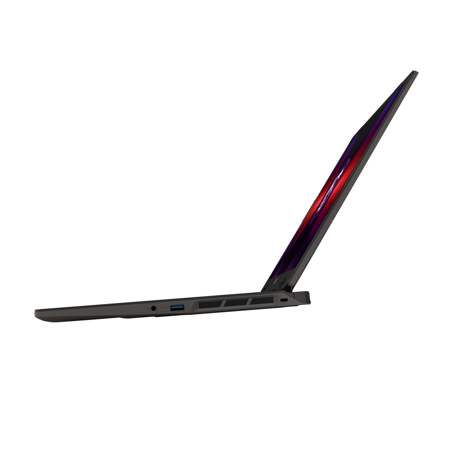 Laptop, side view, black, red screen.
