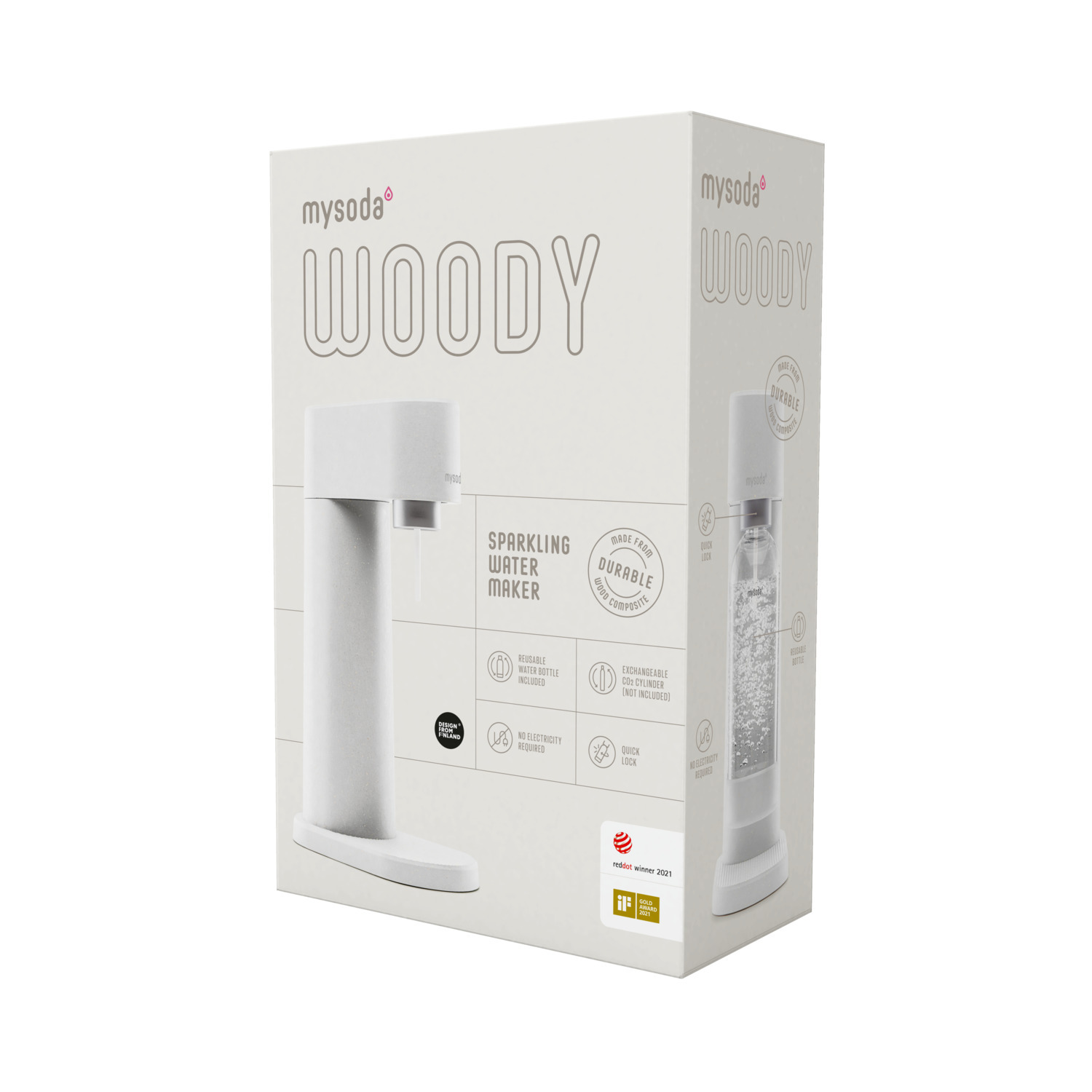 Witte bruiswatermakerbox. Heeft een waterfles en details over het product.