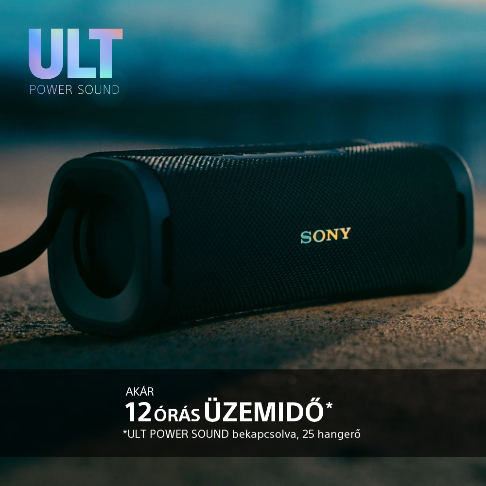Fekete hordozható hangszóró SONY márkanévvel és az akkumulátor élettartamáról szóló szöveggel.