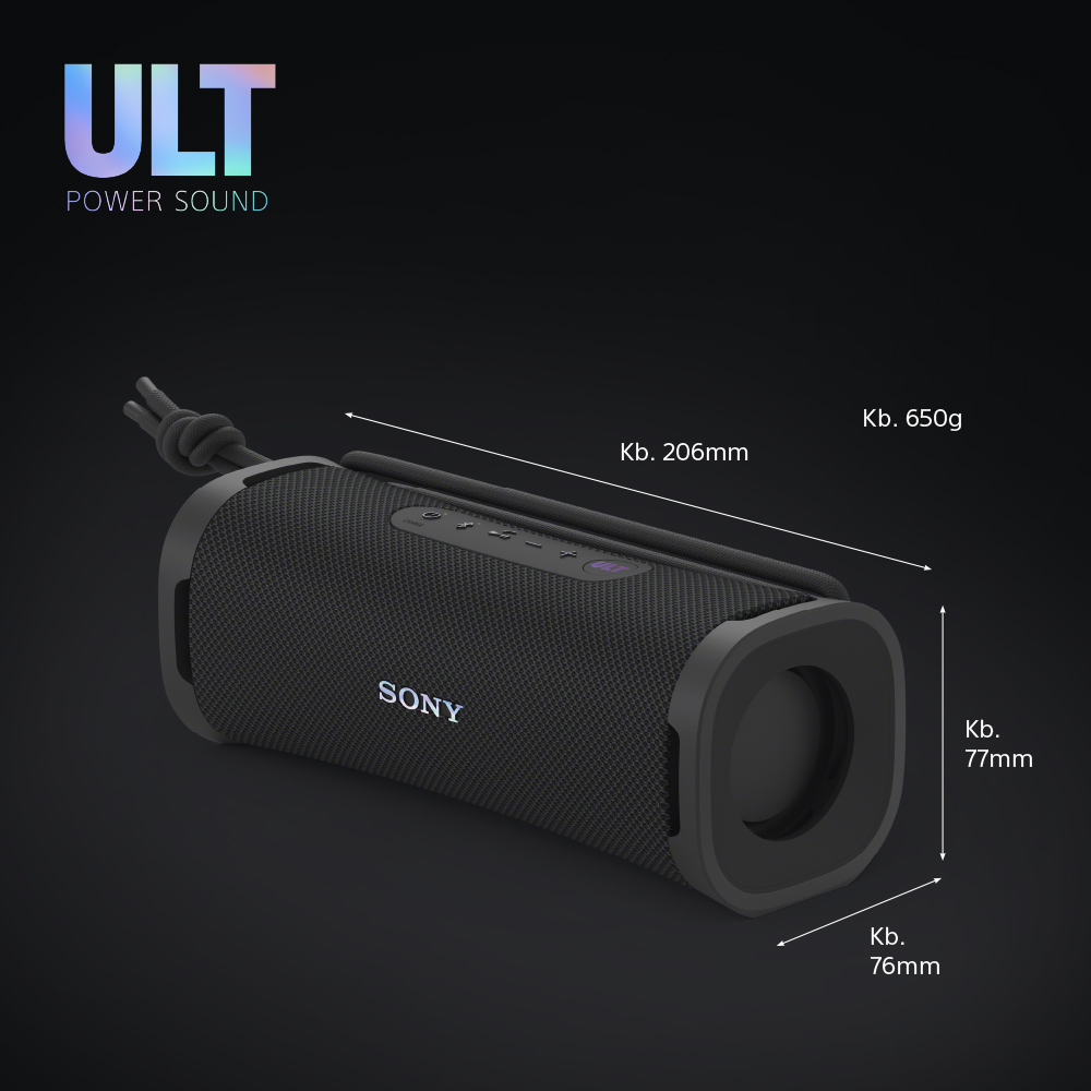 Fekete Sony hangszóró méretekkel és „ULT” felirattal. Sötét háttér.