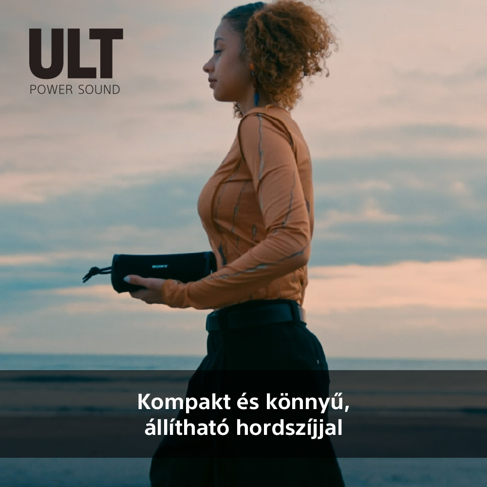Egy nő egy fekete hangszórót tart a strandon. A hangszóró SONY feliratú. A szöveg: "Kompakt és könnyű".
