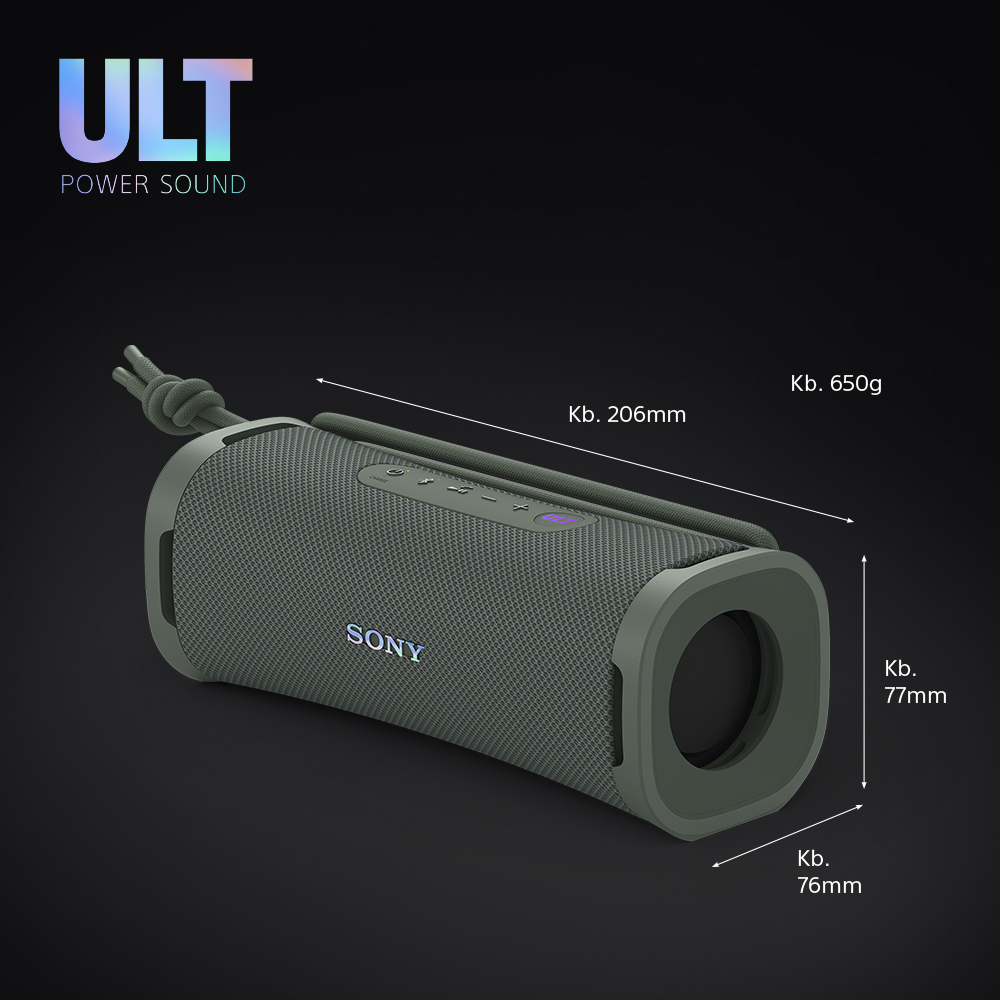 Szürke Sony hangszóró méretekkel, a SONY szóval és az 'ULT POWER SOUND' szöveggel.