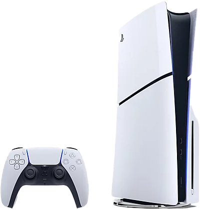 PlayStation 5 konzol és vezérlő. Fehér konzol, fekete díszítések, fehér vezérlő.