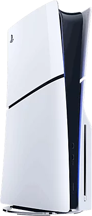 Egy fehér Playstation 5 konzol álló helyzetben. Van egy fekete középső része és egy fehér kerete.