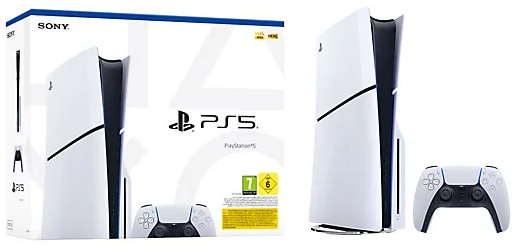 PS5 konzol és vezérlő. A konzol fehér, fekete díszítéssel. A vezérlő fehér.